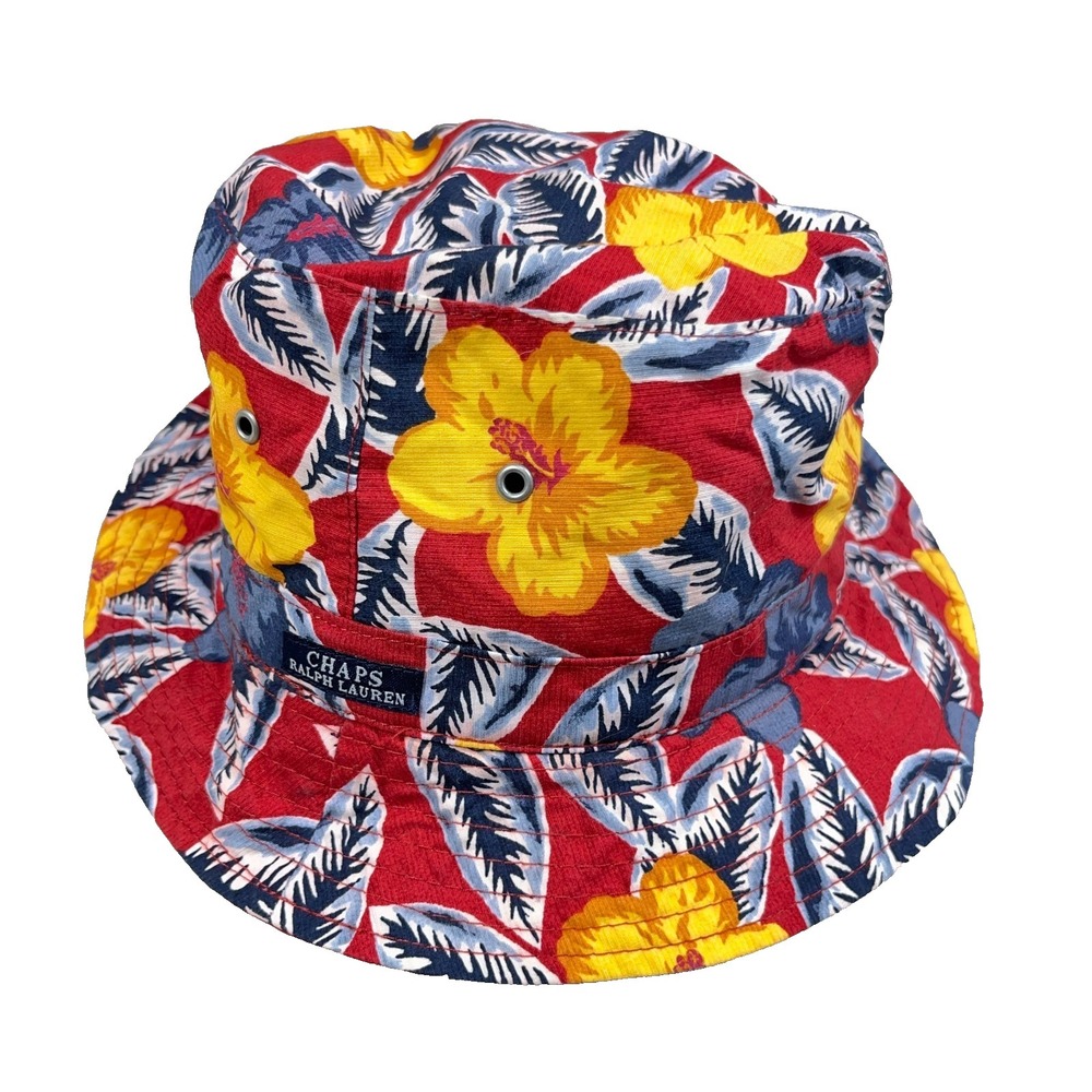 Vintage Chaps Ralph Lauren Bucket Hat Cap Red Floral Print Reversible OSFM 90s